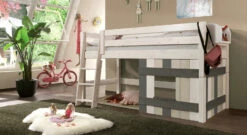 Hütten-Hochbett "Kids Paradise" Laubhütte -Bettbezüge Verkäufe 2024 huetten hochbett kids paradise laubhuette leiter schraeg niedrig